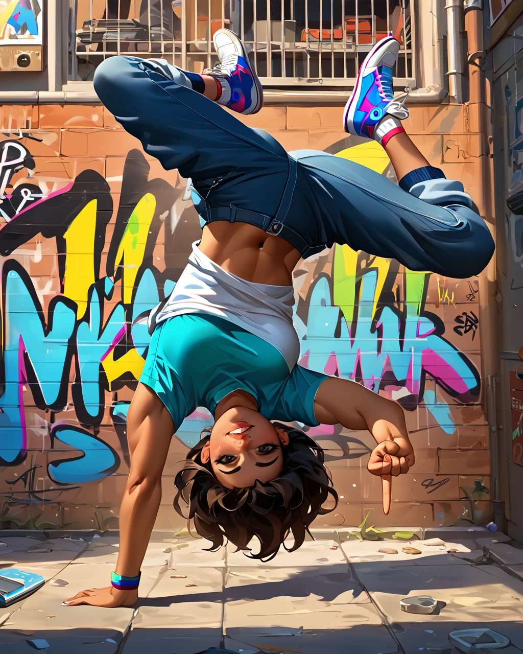 score_9, score_8_up, score_7_up, vibrant color, 1girl, <lora:bdancepxl:0.8>, bdancepxl, doing a handstand, one-handed, breakdance pose, motion,  spread legs, looking at viewer, upside down, shirt falling down, comic book, best quality, masterpiece, alley, hip-hop, graffiti, sneakers,  motion lines, smile, middle finger, gesture, cool outfit,