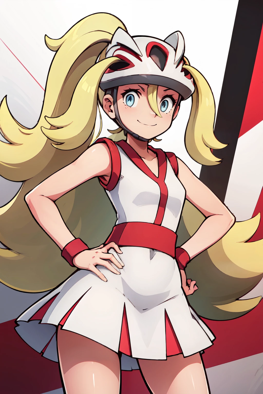 ((masterpiece,best quality)), absurdres,  BREAK, , <lora:Korrina_Pokemon:0.8>, korrina (pokemon), solo,  grey eyes, blonde hair,  hair between eyes,  helmet, sleeveless, white dress, , BREAK, hip to the side, hand on hip, contrapposto,, BREAK, solo, smile, looking at viewer, cowboy shot,