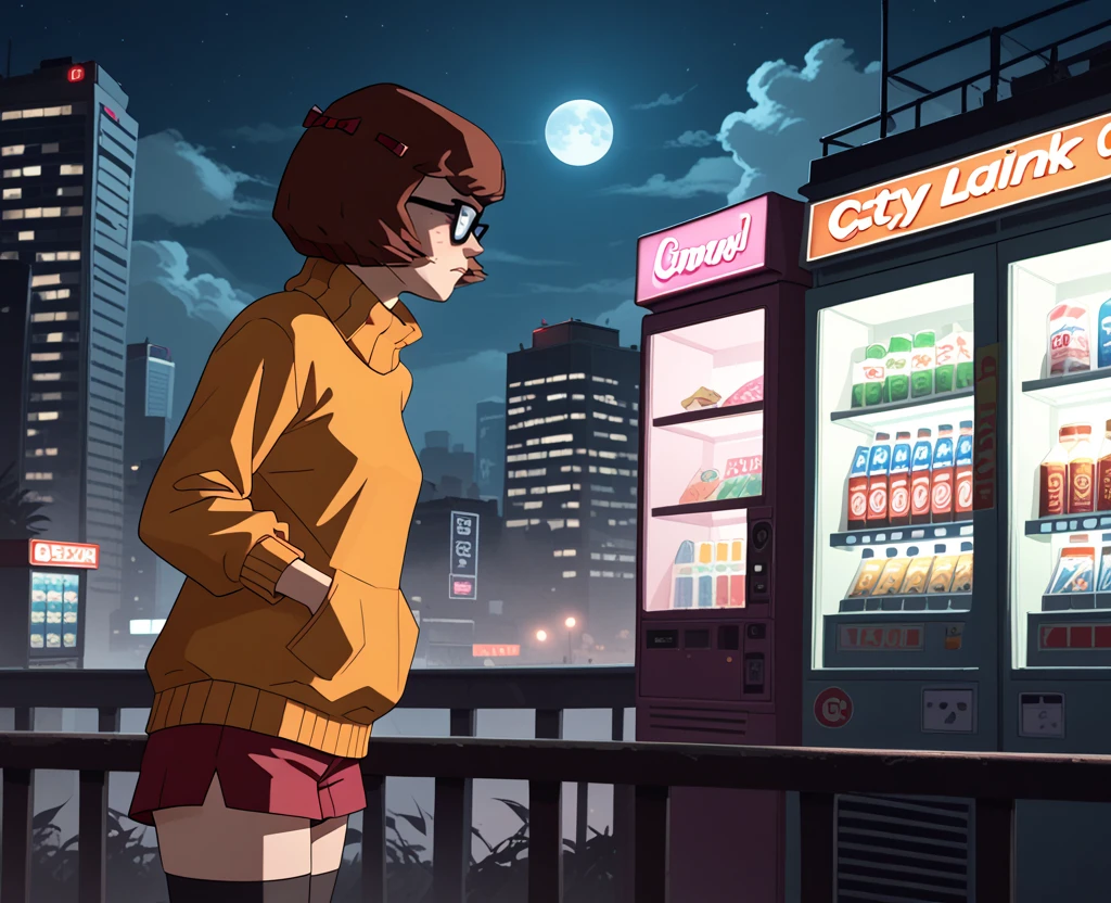 score_9, score_8_up, score_7_up, score_6_up, velma-dinkley, 1girl, glasses, solo, short hair, brown hair, sweater, leather jacket, cyberpunk, city, vending machine, black tights, shorts, night, moon, cloudy sky, dark, asian, freckles, crawling mist, neon lights, smog, horror theme
 <lora:Expressive_H:.5>  <lora:ponyxl-deep_penetration-concept-v01-000005:.5>  <lora:Mystery_Incorporated_Velma_Dinkley:1>