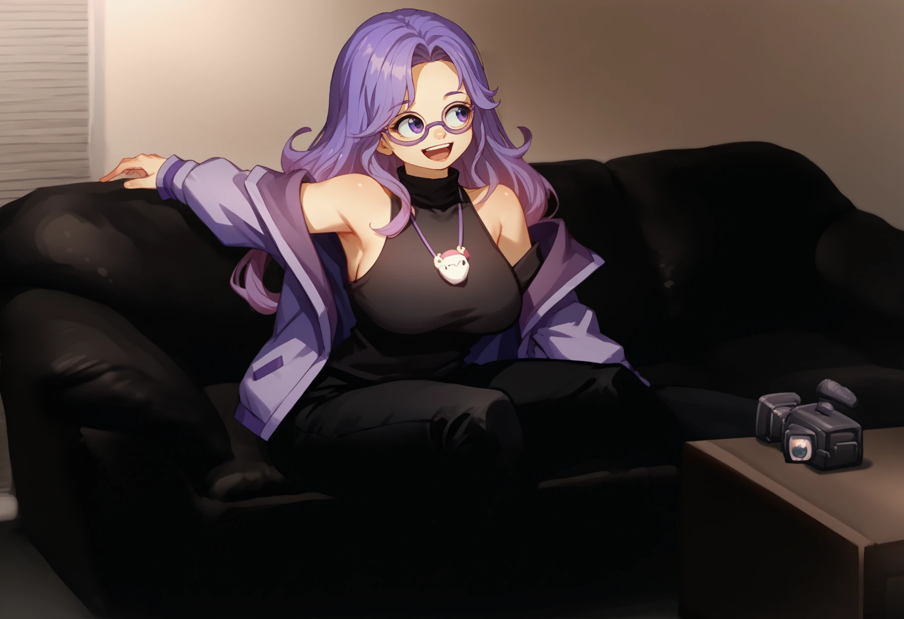 score_9, score_8_up, score_7_up, source_anime, casting couch, couch, sitting, solo, 1girl, mamavale, happy, open mouth, looking away, glasses, purple jacket, off shoulder, long sleeves, black shirt, sleeveless shirt, turtleneck, black pants, necklace, bare shoulders, large breasts
<segment:yolo-face_yolov8m.pt,0.4,0.5//cid=1>