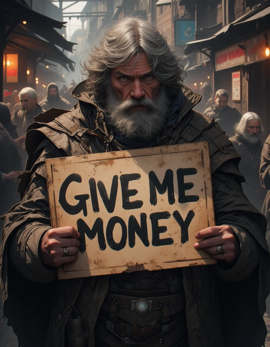 A rugged middle-aged adventurer stands holding a hand-made sign that reads ‘Give Me Money’ in bold, rough letters. The man has a scruffy beard, unkempt hair, and wears a worn-out adventurer’s outfit with patched armor and a tattered cloak. His expression is a mix of desperation and determination as he clutches the sign with both hands. The scene is set in a dimly lit tavern or a rundown marketplace, with the sign prominently displayed as he tries to get attention. The background hints at a life of hardship and rough adventures, now reduced to begging in a gritty and harsh world