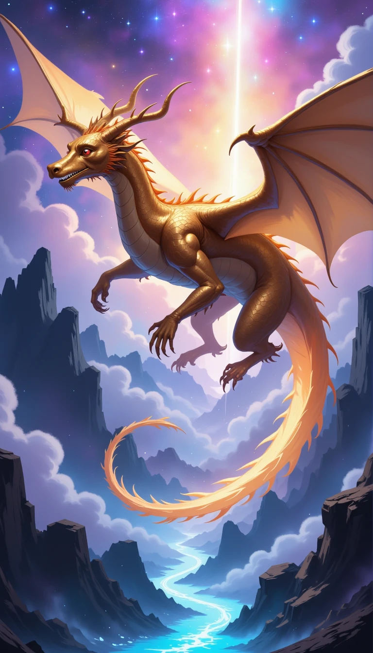 Fantasy illustration of a golden dragon soaring amongst the clouds, above a shimmering river of stardust, glowing stars, nebula colors, iridescent, twilight atmosphere, majestic, powerful, magical, glowing eyes, ethereal, mythical, detailed feathers, soft clouds, misty, misty mountain backdrop, glowing aura, oil painting style, high resolution, epic, dramatic, vibrant, intricate, vivid, luminous, captivating, evocative, captivating, emotional, enchanting, masterpiece, storybook, whimsical