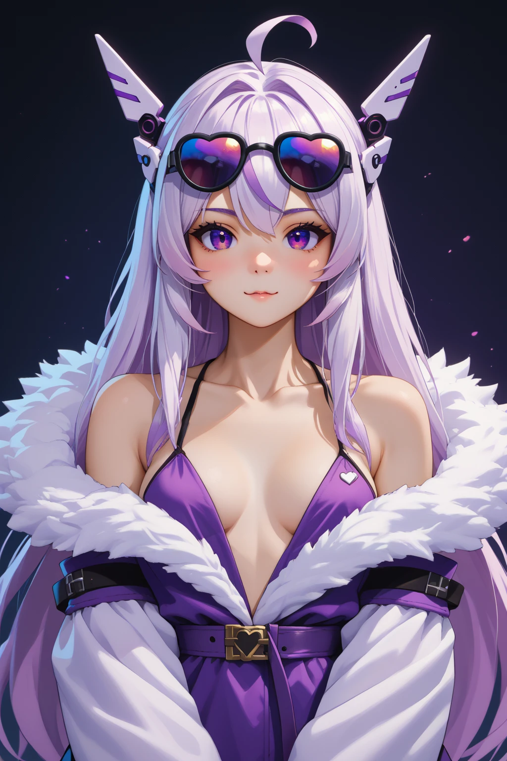 score_9, score_8_up, score_7_up,  BREAK source_anime,1girl,solo,
<lora:MeinaXL:1> meina,white hair,long hair bare shoulders, headgear, detached sleeves, collarbone, virtual youtuber,purple eyes,:3,uwu
sunglasses,fur trim,plunging neckline