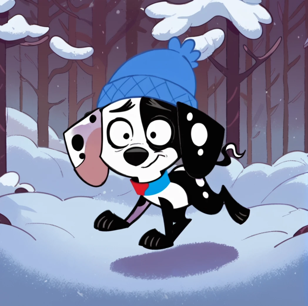 score_9, score_8_up, score_7_up, score_6_up, score_5_up, score_4_up, <lora:deepak101dalmatianstreet2:1>, deepakdog, solo,  outside, trees, snow, 1boy, hat, white background, animal ears, full body, male focus, closed mouth, happy expression, collar, running,  furry, blue headwear, wide-eyed, beanie, furry male, dog, multicolored collar, black and white fur, dog ears, spots lack eyes,