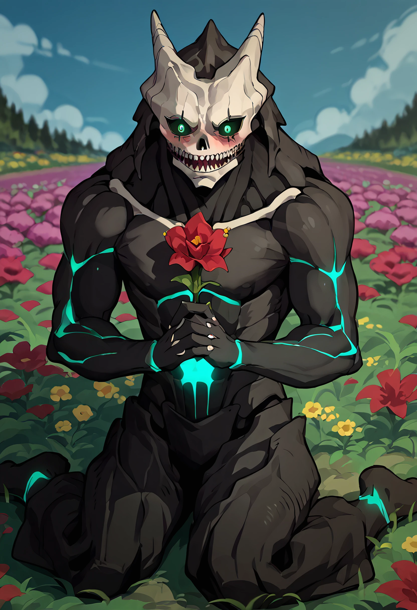 score_9, score_8_up, score_7_up, 1boy, solo, cowboy shot, 
 <lora:KaijuNo8_Dwnsty:0.85>, kaijuu no8, black skin, skull mask, glowing eyes, sharp teeth, black sclera, kaijuu, 
blush, 
outdoors, flower field, w sitting, wariza,  <lora:Wariza__Concept_Lora:1>, holding flower,  reaching towards viewer, outstretched arms, own hands together,