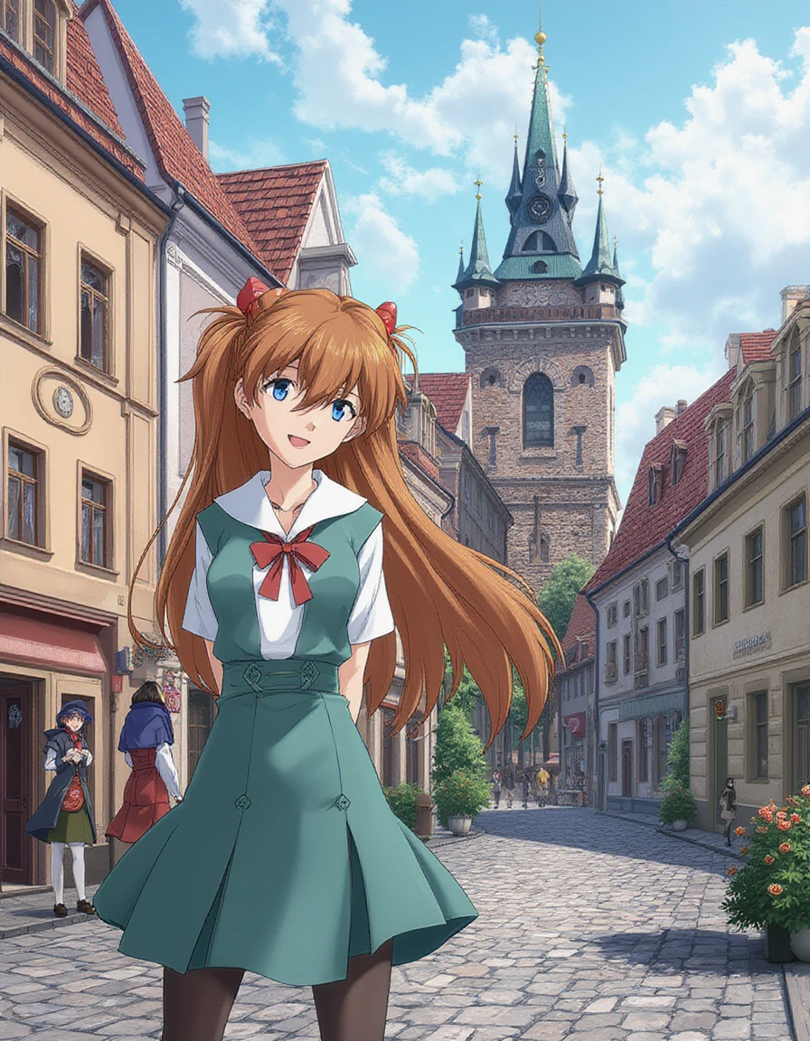 asuka,1girl,wearing tokyo-3 school uniform，interface headset on her head,she has big smile and leaning back, arms behind back,,she is standing,
BREAK
background is  (Prague Old Town),historical clock tower,stone construction,teal roof,golden ornaments,European-style buildings,red-brown roofs,bright colored facades,cobblestone square,soft shadows,bright sunlight,morning tranquility,serene atmosphere,depth of field,long shot