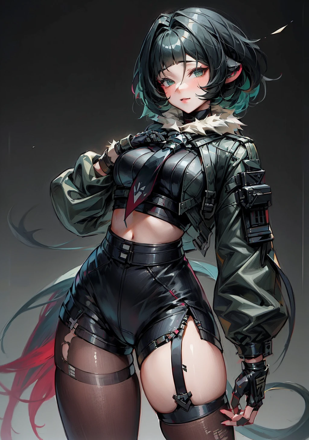 <lora:Jane_Doe:1> 1girl, solo, green hair, black hair, breasts, tail, animal ears, short hair, multicolored hair, black shorts, black gloves, fur trim, fingerless gloves, torn clothes, jacket, shorts, tie,   <lora:StealthMecha:1> stealthtech, city, rifle, mech, android