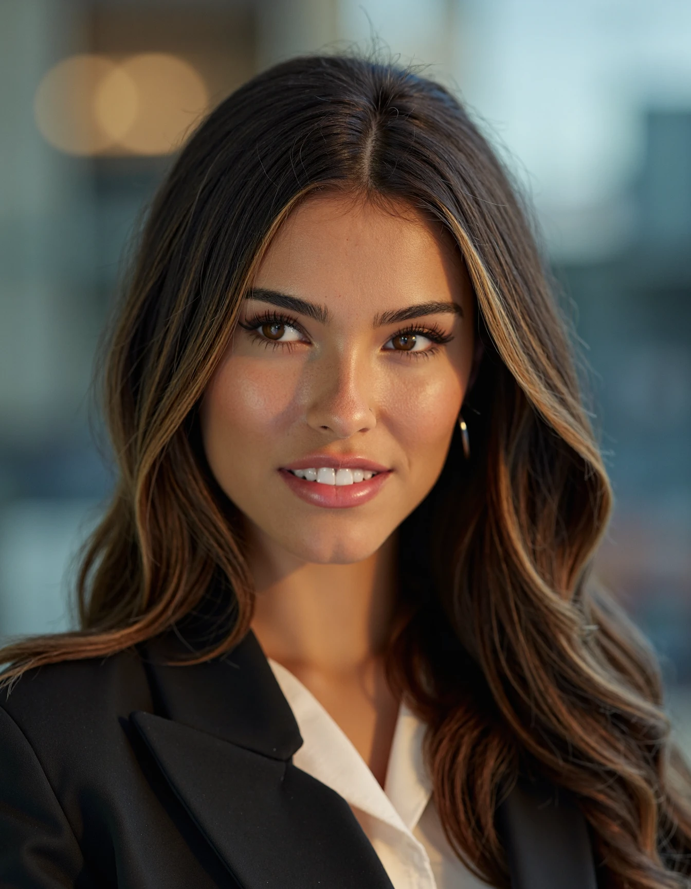 Mid-shot portrait of a beautiful woman madison beer smiling  in an hi tech office with blazer and a shirt under   <lora:madison_beer_flux_lora_v1_000001800:1>