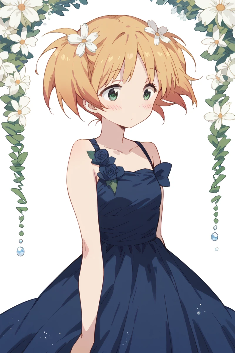 score_9, score_8_up, score_7_up, score_6_up, 
 <lora:Yuu_Sonoda:1> yuu, 1girl, solo, twintails, dress, hair ornament, flower, hair flower, blonde hair, green eyes, short hair, blue dress, blush, short twintails