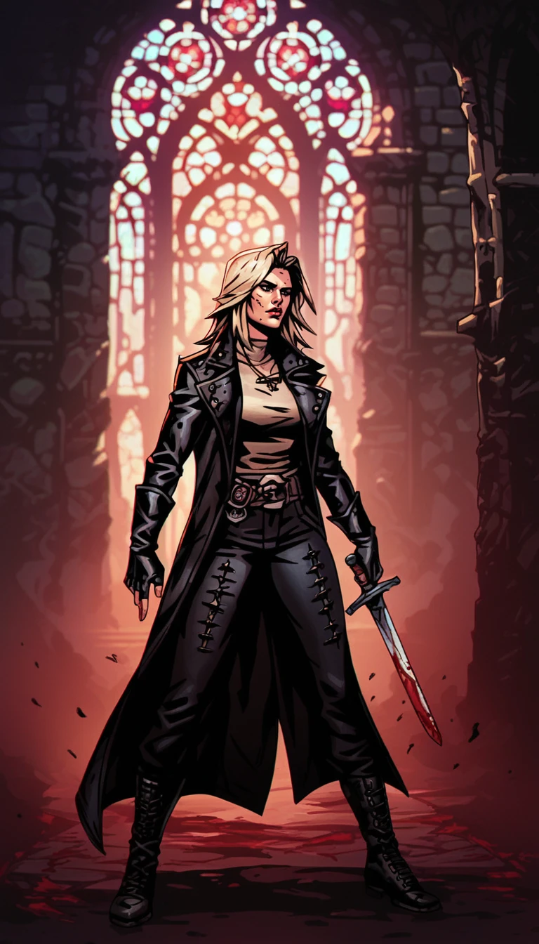 score_9, score_8_up, score_7_up, 1girl, full body shot, dynamic pose, holding sword, dark alley, church, detailed background, leather coat, rogue, blonde hair,  blood on clothes,  , dark theme, low light,
 <lora:Darkest_Dungeon_2_Style (1):1> , dd2