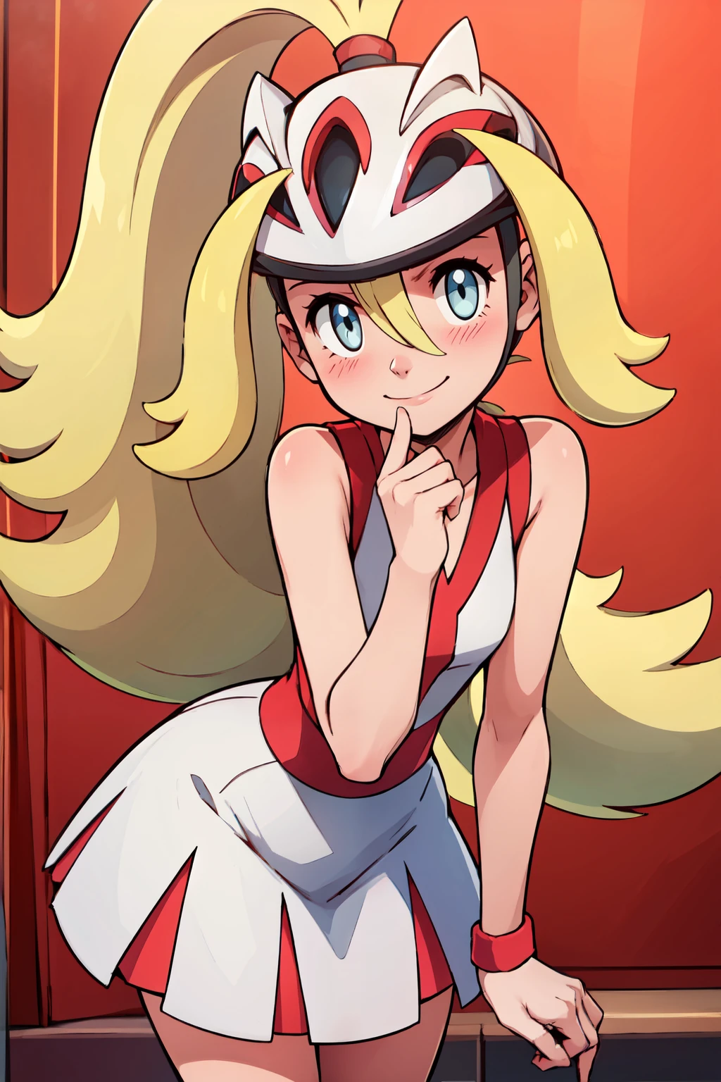 ((masterpiece,best quality)), absurdres,  BREAK, , <lora:Korrina_Pokemon:0.8>, korrina (pokemon), solo,  grey eyes, blonde hair,  hair between eyes,  helmet, sleeveless, white dress, , BREAK, leaning forward, head tilt, blush,, BREAK, solo, smile, looking at viewer, cowboy shot,