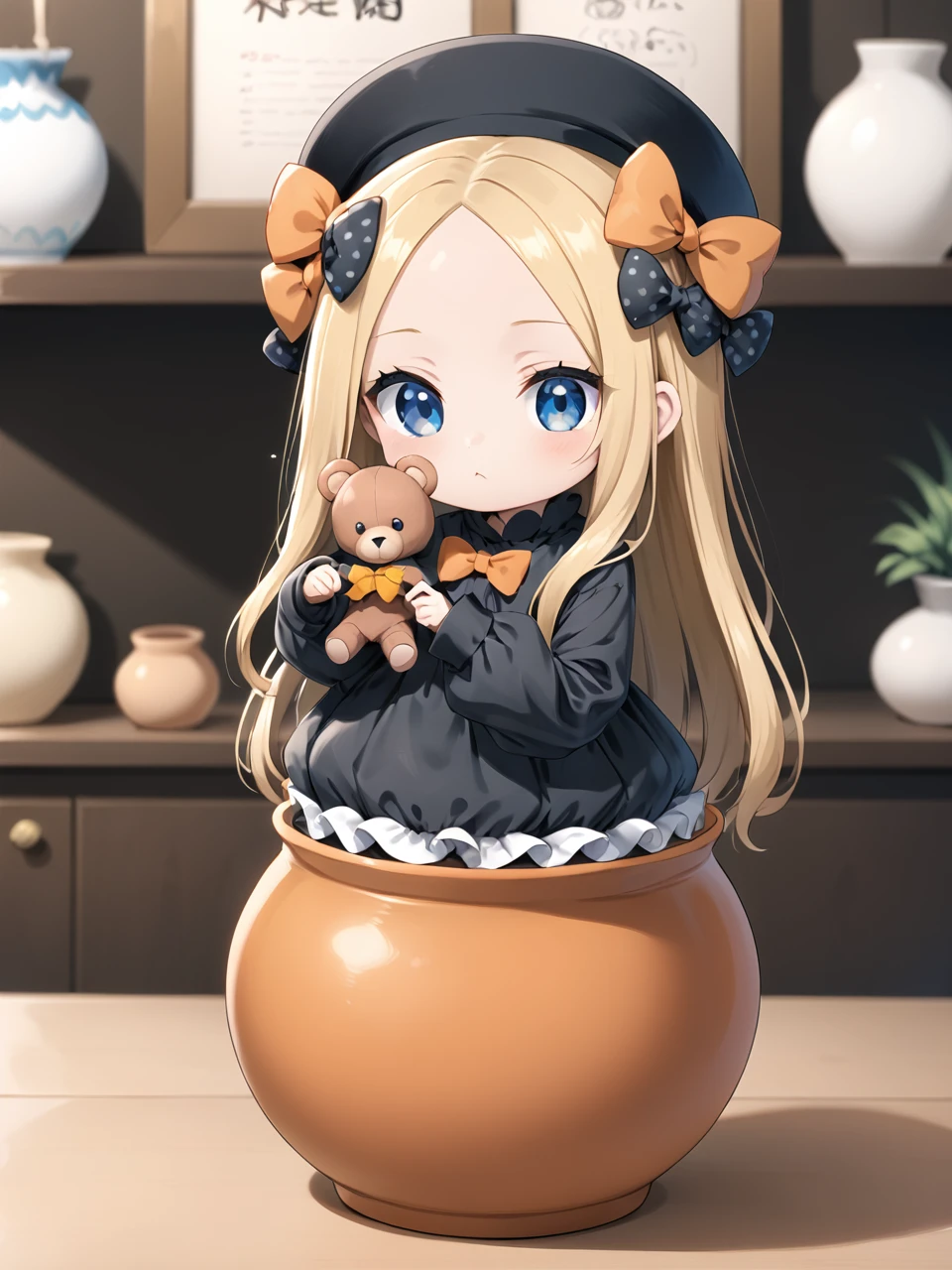 <lora:abby_xl:0.5> blonde hair, long hair, blue eyes, forehead, sidelocks, parted bangs, hair bow, polka dot bow, orange bow, black dress, long sleeves, sleeves past wrists, sleeves past fingers, bloomers, hat, <lora:tsubo pony:0.7> chibi girl in pot, holding teddy bear