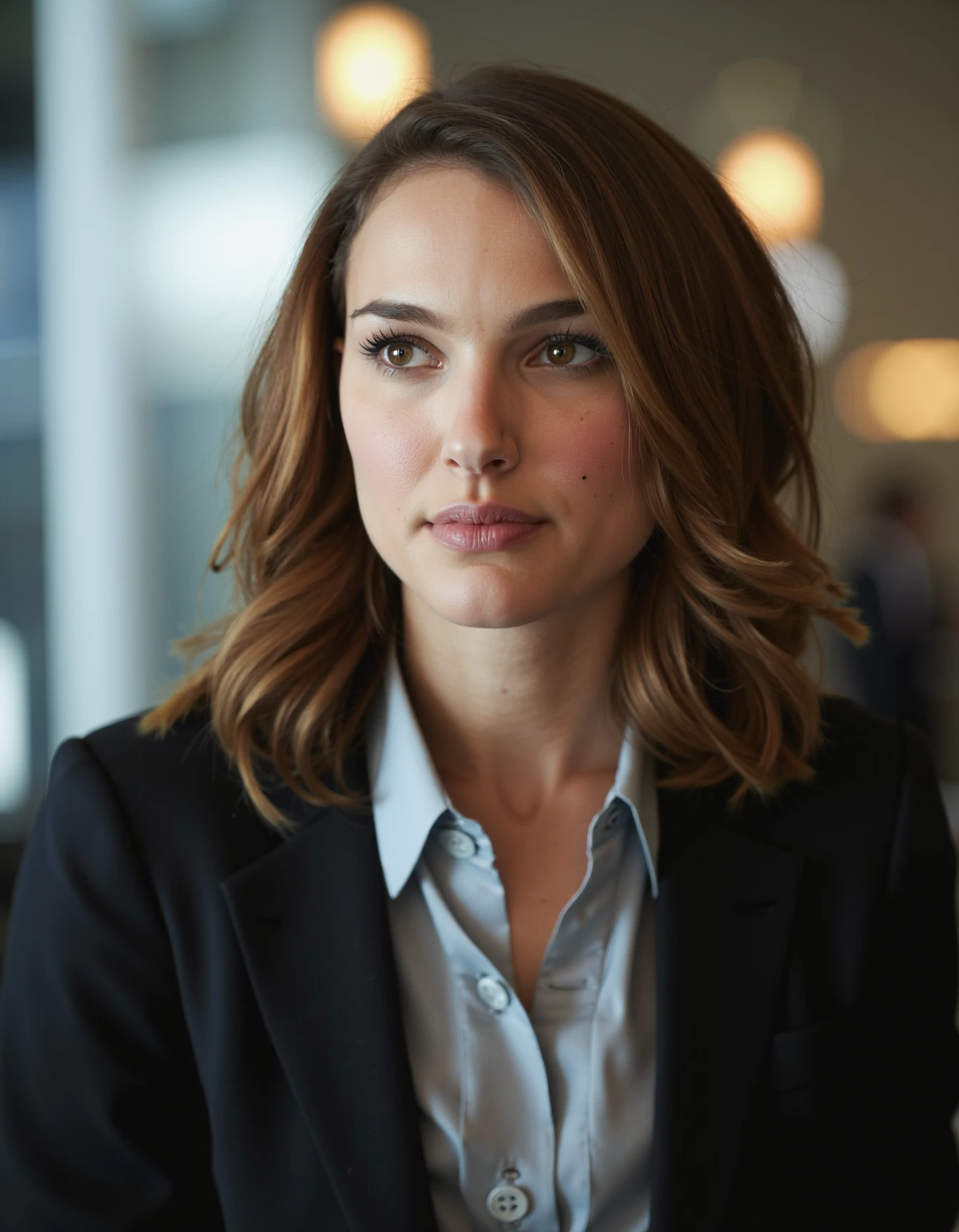 Mid-shot portrait of a beautiful woman natalie portman  in an hi tech office with blazer and a shirt under    <lora:natalie_portman_flux_lora_v1_000001600:1>