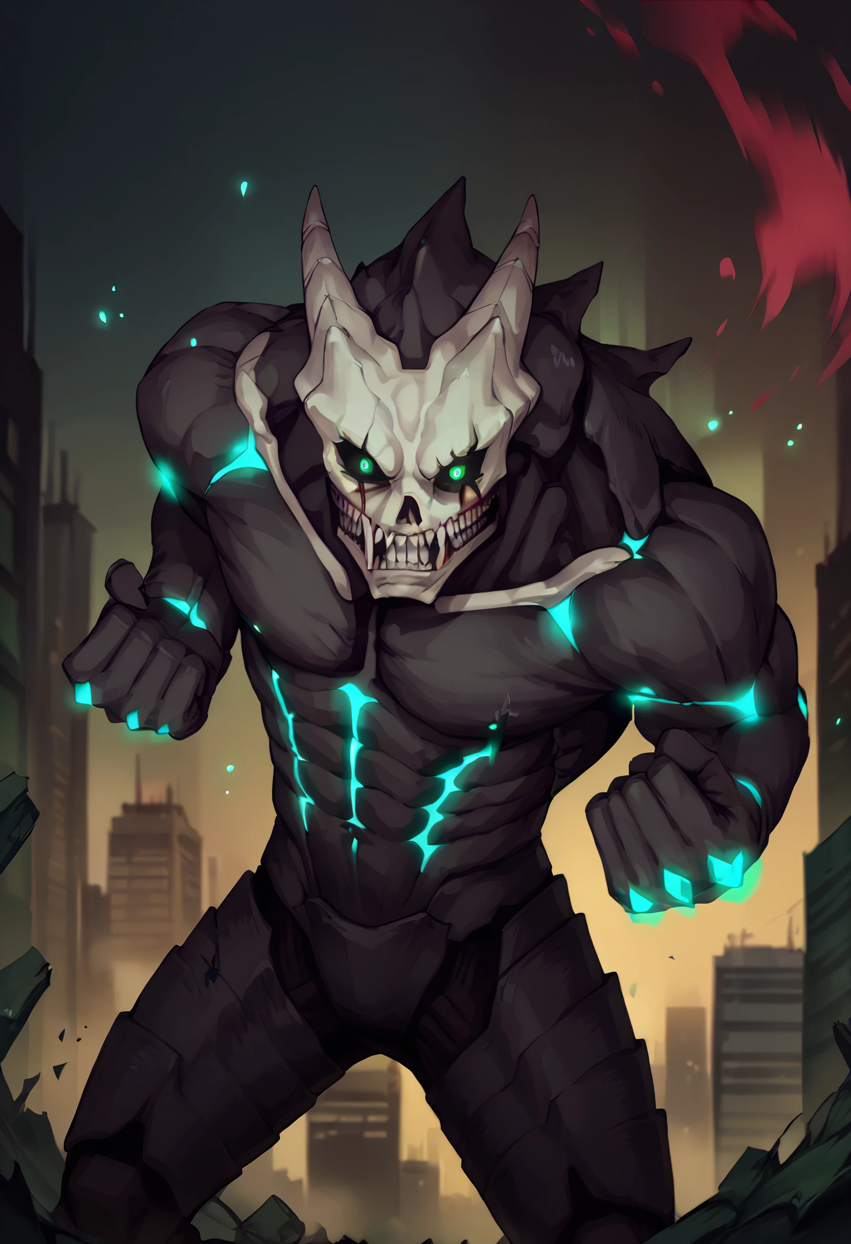 score_9, score_8_up, score_7_up, 1boy, solo, cowboy shot, looking at viewer, 
 <lora:KaijuNo8_Dwnsty:0.8>, kaijuu no8, black skin, skull mask, glowing eyes, sharp teeth, black sclera, kaijuu, 
 clenched hands, clenched teeth, angry, incoming punch, 
abstract background, light particles, city, skyscraper, web, blood,