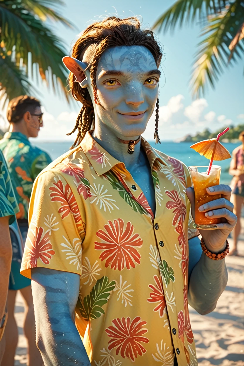 score_9, score_8_up, score_7_up, score_6_up
<lora:AvLoak:1.0>
AvLoak, 1boy, brown hair, blue skin, yellow eyes, looking at viewer, male model wearing a Hawaiian shirt, smiling, holding a coconut drink, vibrant sunset, palm trees swaying in the breeze, tropical vibes