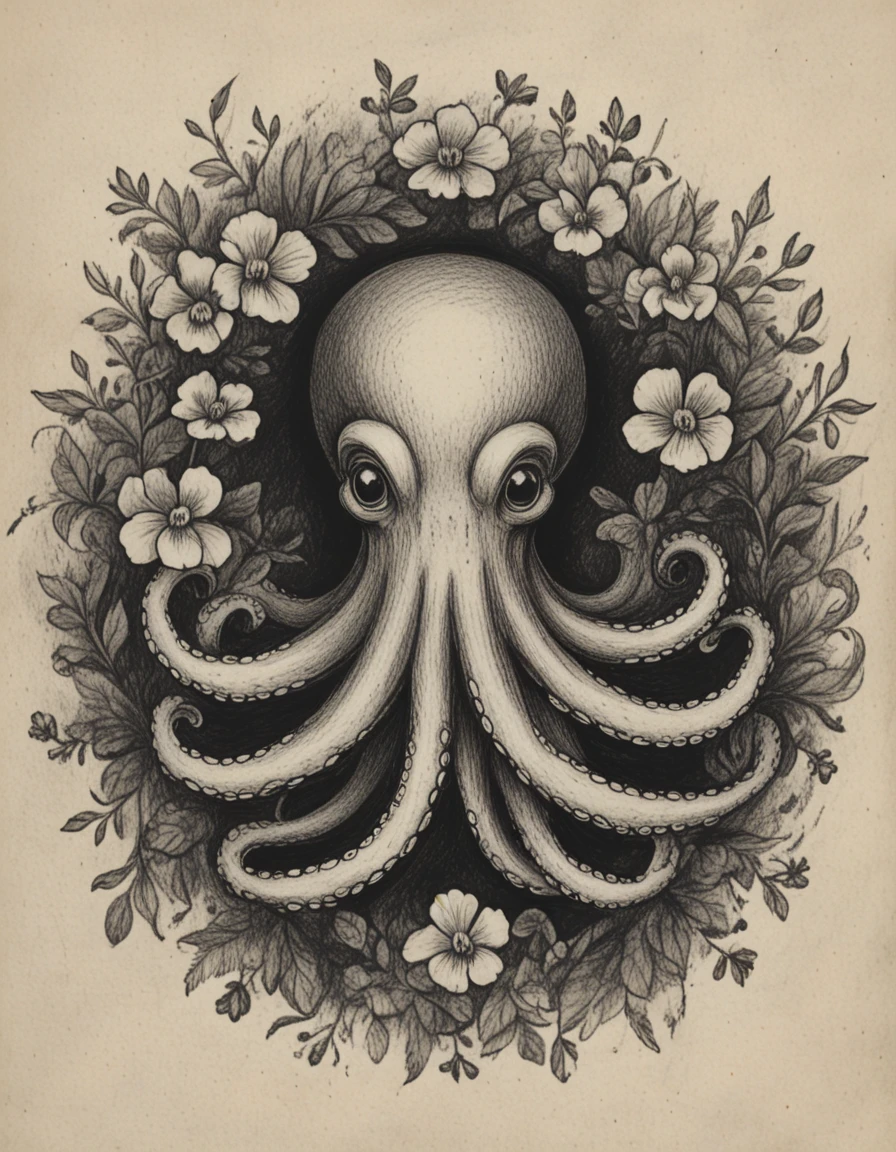 novuschroma71 octopus wearing pansies flower wreath  charcoal drawing <lora:novuschroma71 style:1>, <lora:sdxl_lightning_8step_lora:1>