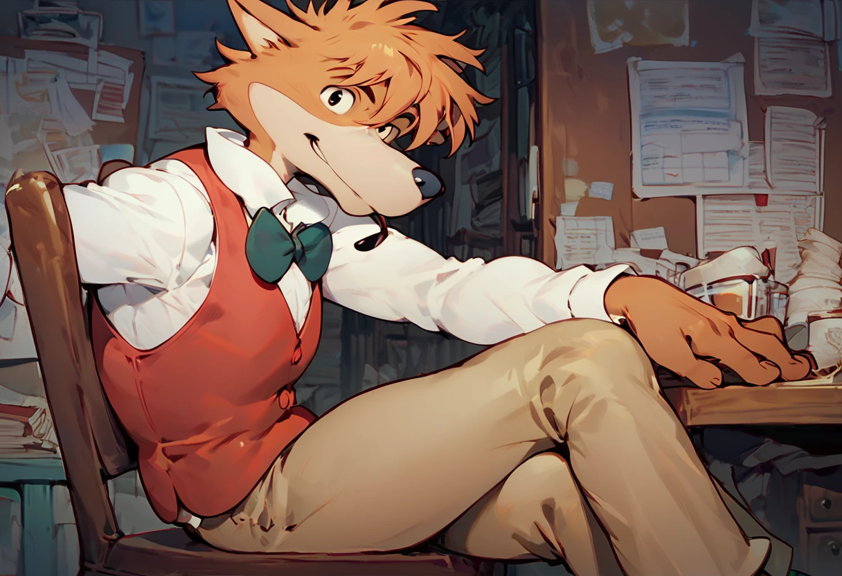 score_9, score_8_up, score_7_up, best quality, hires, male, sherlock hound, furry, white shirt, red vest, bowtie, brown pants, messy hair, solo, room, amazing background, on chair, sitting, crossed legs, from side, looking at the viewer, <lora:Sherlock_Hound_Meitantei_Holmes:1>