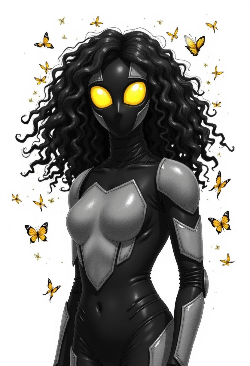 Full body image, Skitter wearing bug mask with mandibules. The image is a colored pencil sketch. She is wearing armor bodysuit. Black body suit, with grey armor panels. Small chest. Skitter has long black wavy and curly hair. The bug mask two yellow compound lens. 

The background is white, with a bug swarm of butterflies.