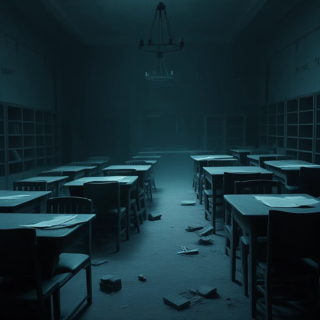 moonlight, school chair, house, blood, classroom, light, couch, day, monochrome, supernatural, window, cardboard box, ominous, cabinet, ruins, door, horror (theme), swing, unsettling, smoke, kitchen, tree, monitor, no humans, school desk