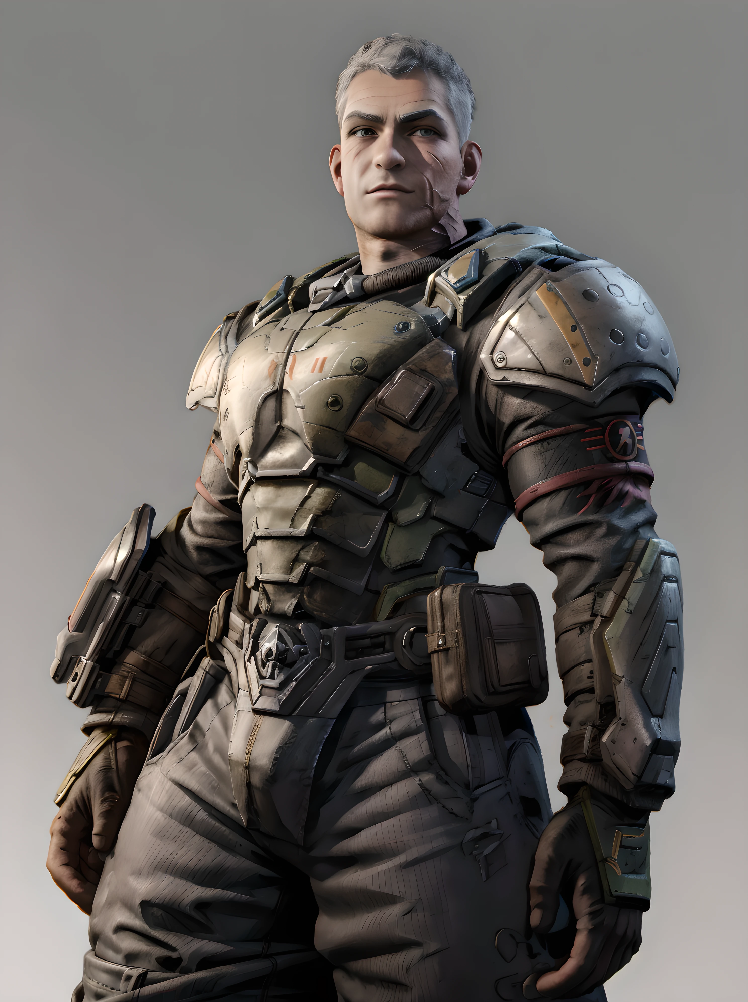 garron_paduk, looking at viewer, simple background, armor, long pants, gray hair, scar, buzz cut, muscular <lora:Garron_Paduk-15:0.85>