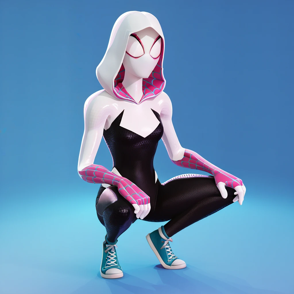 A realistic, hyperrealistic Spidergwen with athletic muscle, textured saturated white black and pink trage, (best quality,4k,8k,highres,masterpiece:1.2),ultra-detailed,(realistic,photorealistic,photo-realistic:1.37),professional,vivid colors,bokeh, full body, tight leotard wedge in vagina, vulva, clitoral hood, vagina, cameltoe
