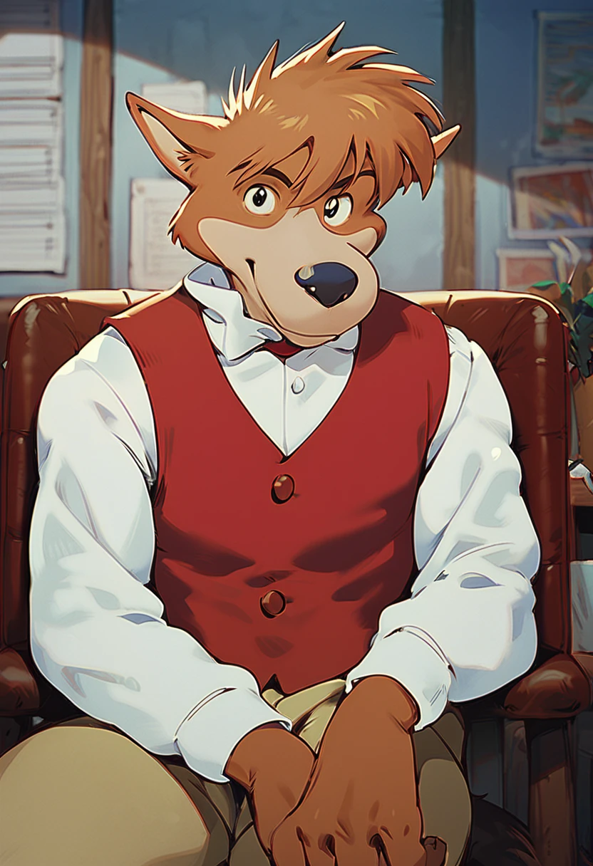 score_9, score_8_up, score_7_up, best quality, hires, male, sherlock hound, furry, retro artstyle, white shirt, red vest, solo, room, amazing background, on chair, sitting, looking at the viewer, <lora:Sherlock_Hound_Meitantei_Holmes:1>