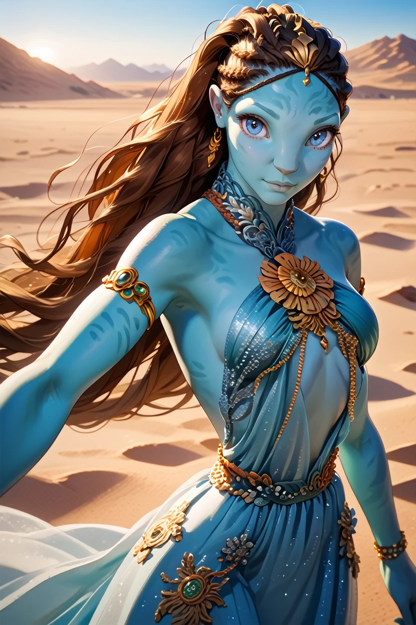 score_9, score_8_up, score_7_up, score_6_up
<lora:AvTsireya:1.0>
AvTsireya, 1girl, brown hair, blue skin, blue eyes, long hair, looking at viewer, dynamic pose of a model, flowing silk gown, windswept desert, golden hour, expansive sky