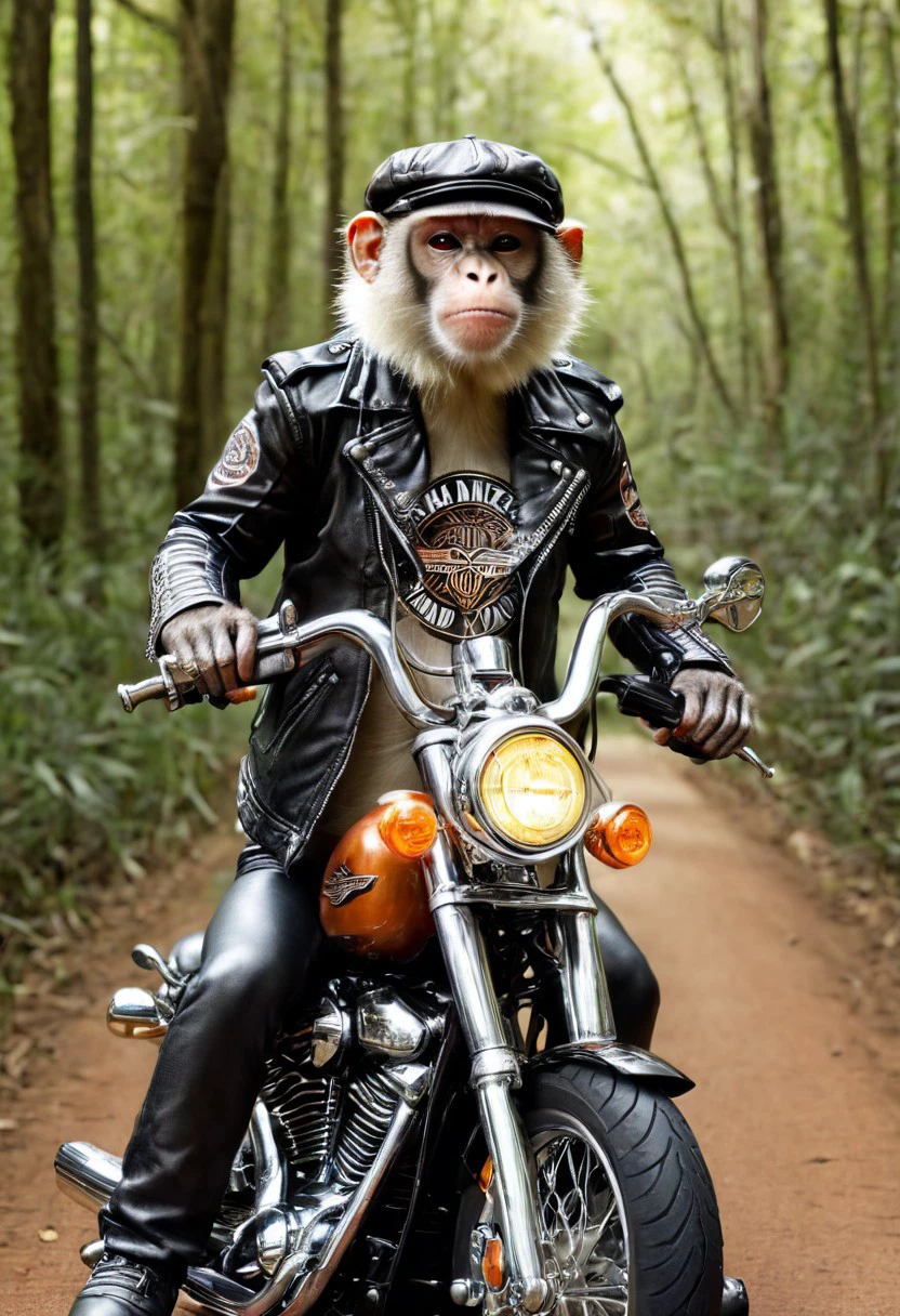 "Vervet monkey", "ultra realistic with high quality and ultra detail with excellent focus of Vervet monkey, represented as rocker, rocker leather jacket and rocker leather hat on head, riding Harley-Davidson motorcycle, jungle, savanna, forest, ((cigarette in mouth))