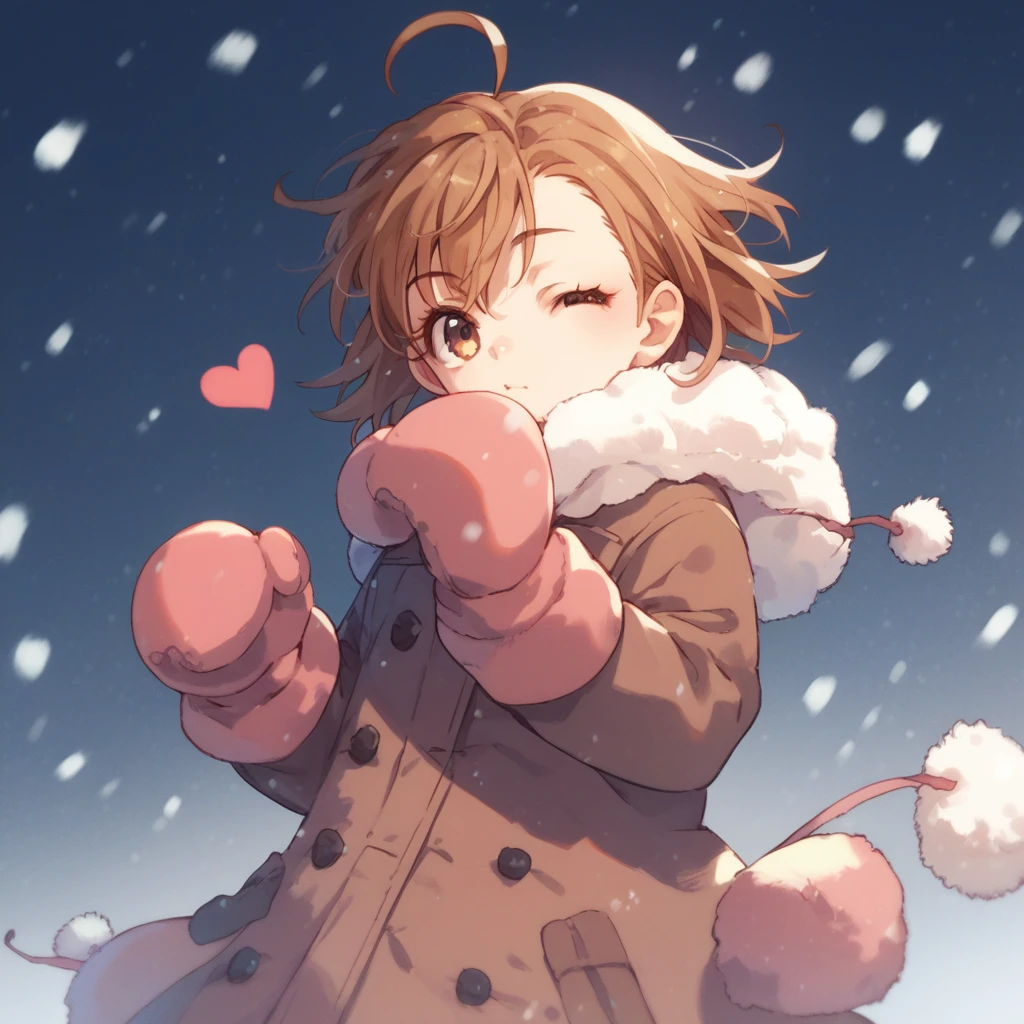 anime coloring, score_9, score_8_up, score_7_up, score_6_up, misaka20001 last-order, toaru, 1girl, solo, ahoge, brown hair, one eye closed, brown eyes, mittens, winter clothes, coat, short hair, heart ahoge, snow