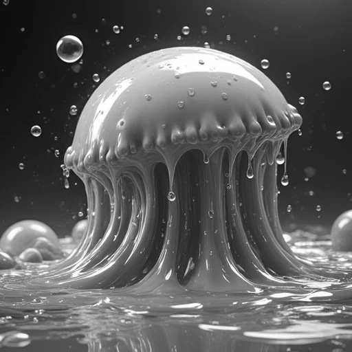 moist, glistening, greyscale, shimmering, slick, fruit, air bubble, slime, stretchy, crown, viscous, long hair, rock, outdoors, malleable, water, light particles, tree, bubble, still life, orb, adaptable, waves, no humans, jellyfish, dripping, sleek