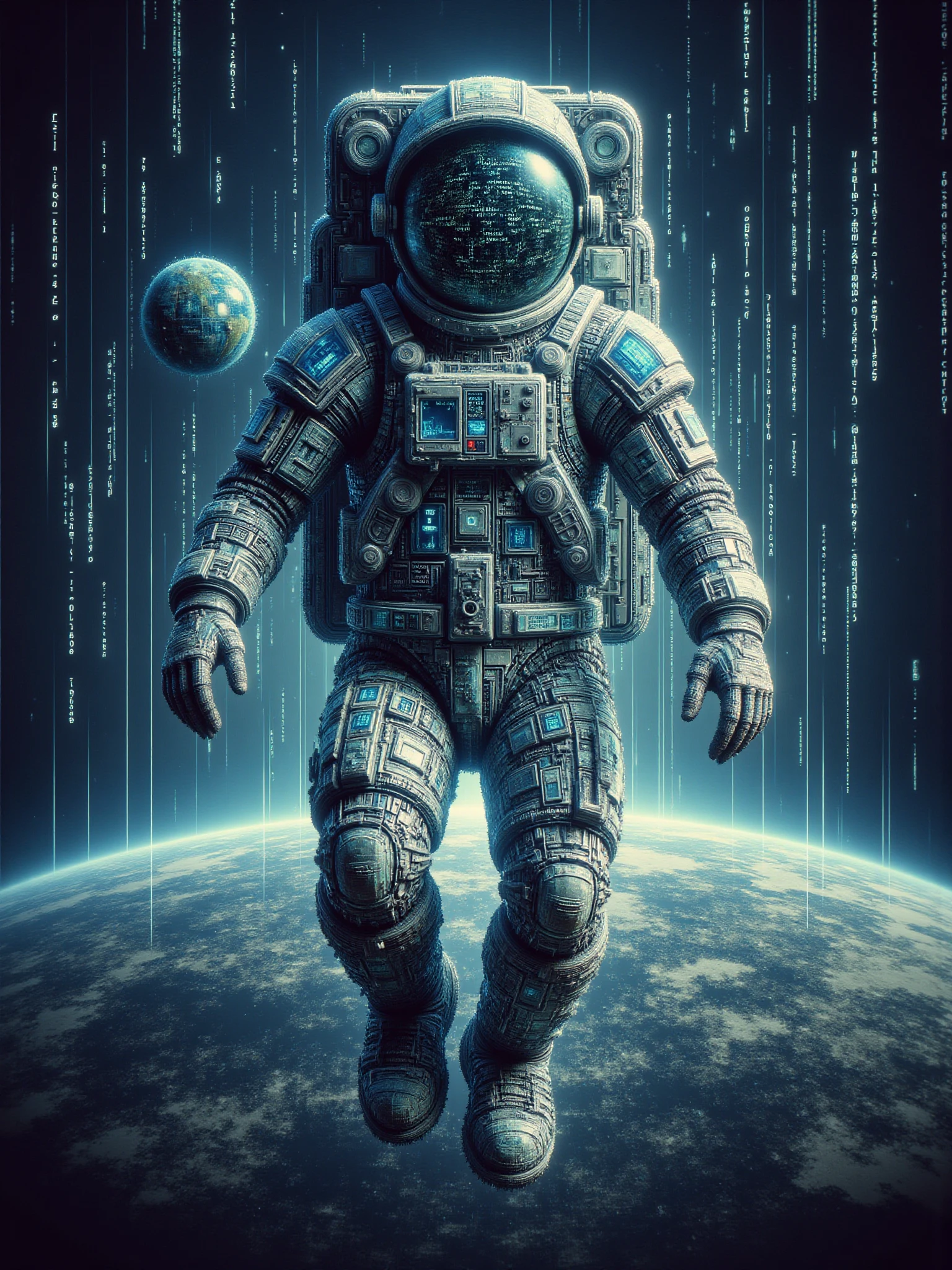 mad-dtstrm astronaut floating in orbit of earth, floating numbers (masterpiece:1.2), best quality <lora:Neon_Cyberpunk_Datastream_FLUX:0.8>