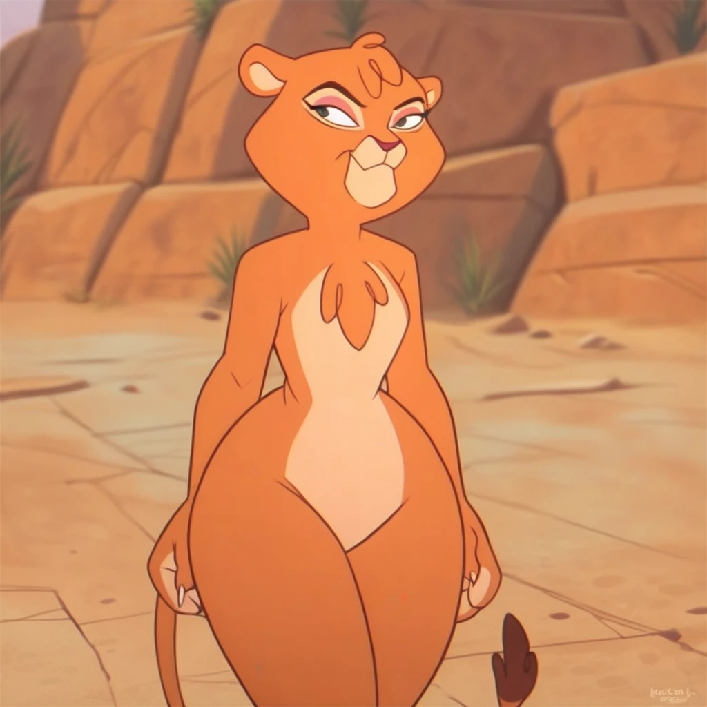 cartoon of a woman in red shoes and a lion with a big breast, disney's bambi cat, sfw version, in style of disney animation, disney stylized furry, full body close-up shot, animated movie shot, don!!! bluth!!!, pov furry art, bottom shot, epic titan winnie the pooh, highly_detailed!!, feral scene