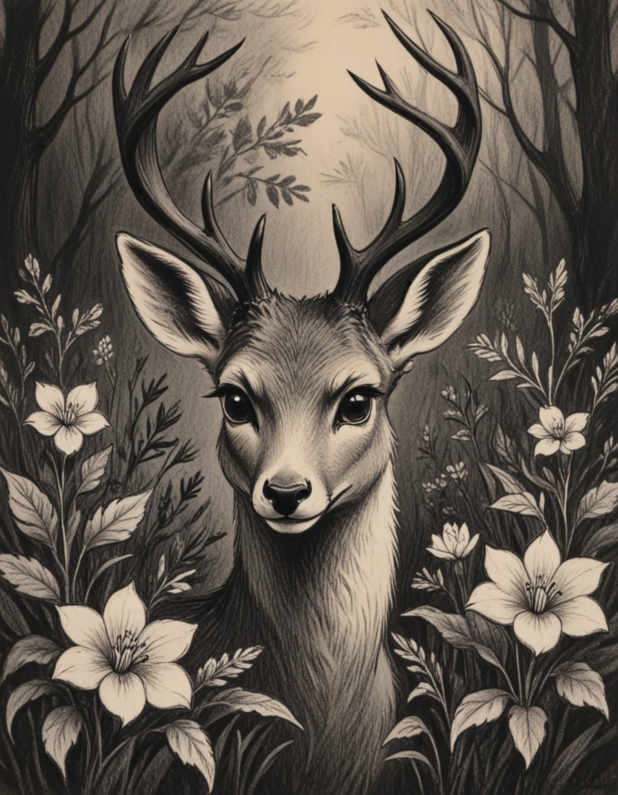 novuschroma71 fox deer with flowers  charcoal drawing <lora:novuschroma71 style:1>, <lora:sdxl_lightning_8step_lora:1>