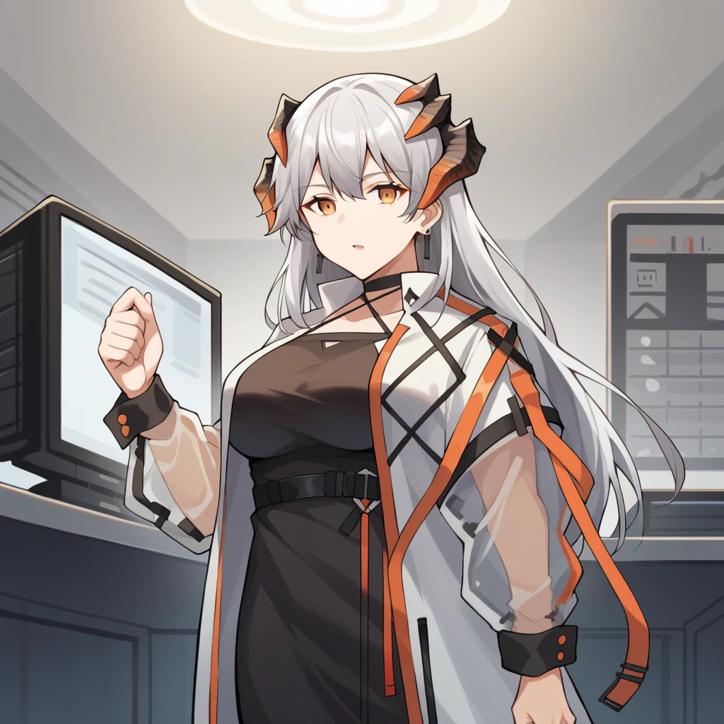 score_9_up, score_8_up, score_7_up, source_anime, masterpiece, best quality, 1girl, solo, Saria_Ark, Sar_Elite ceiling light, monitor, documents, holding stack of documents, looking at you, expressionless, open mouth, dragon tail, dragon horns, white hair, orange eyes, saria_(arknights), long coat, open coat, see-through white coat, see-through sleeves, chest strap, x strap, black strap, black belt, orange strap, black choker, bodycon dress, criss-cross halter, short dress, black dress, wrist cuffs, long sleeves, earrings, mature body, dynamic cowboy shot, indoors, office laboratory background