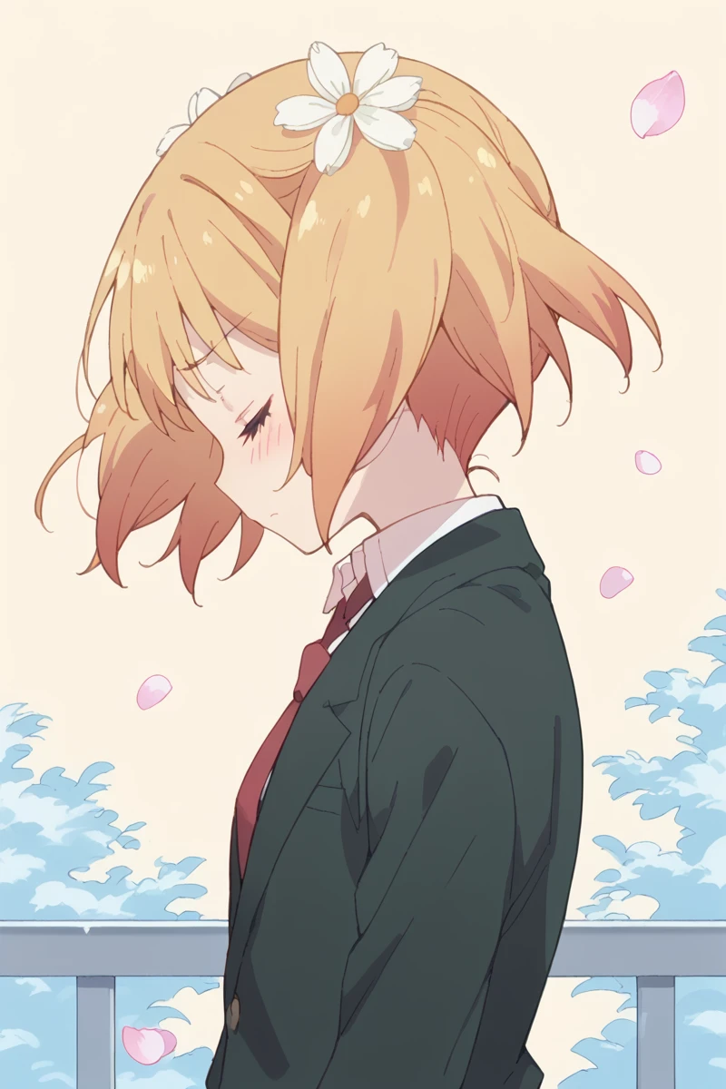 score_9, score_8_up, score_7_up, score_6_up, 
 <lora:Yuu_Sonoda:1> yuu, 1girl, hair flower, flower, hair ornament, closed eyes, blush, solo, blonde hair, school uniform, twintails, necktie, petals, short hair, profile, blazer