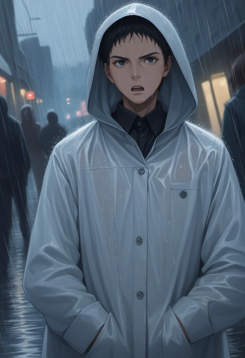 score_9, score_8_up, score_7_up, source_anime, rating_safe, raining, wet, KasamatsuKB, hood, 1boy, male focus, rain coat, serious, looking at another, open mouth, hands with five fingers, blurry outdoor street, dutch angle, realistic shading, mysterious man,