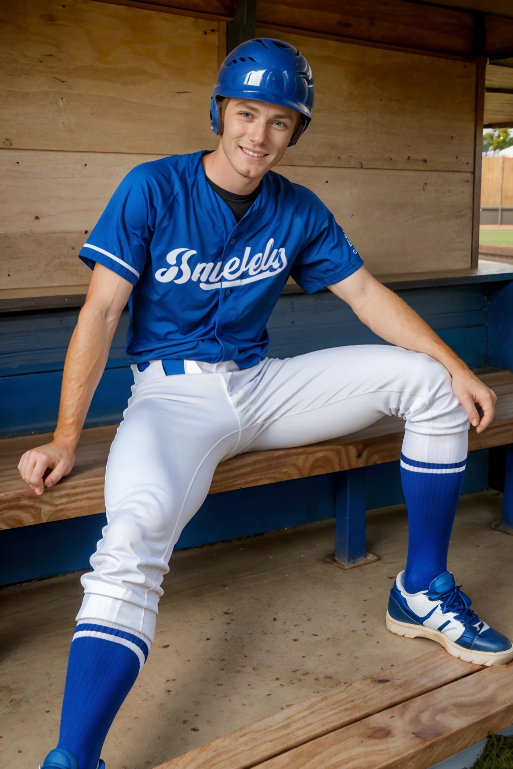 outdoors, baseball field, (in baseball dugout), (dirt floor), (sitting on wooden bench), wooden wall, ginger hair, SeamusOReilly is a baseballplayer, smiling, baseball uniform, (blue helmet), (blue jersey), (white pants), ((blue socks)), long socks, (black sneakers), looking at viewer, (((full body portrait))), wide angle <lora:Clothing - Sexy Baseball Player:0.55> <lora:SeamusOReilly:0.8>