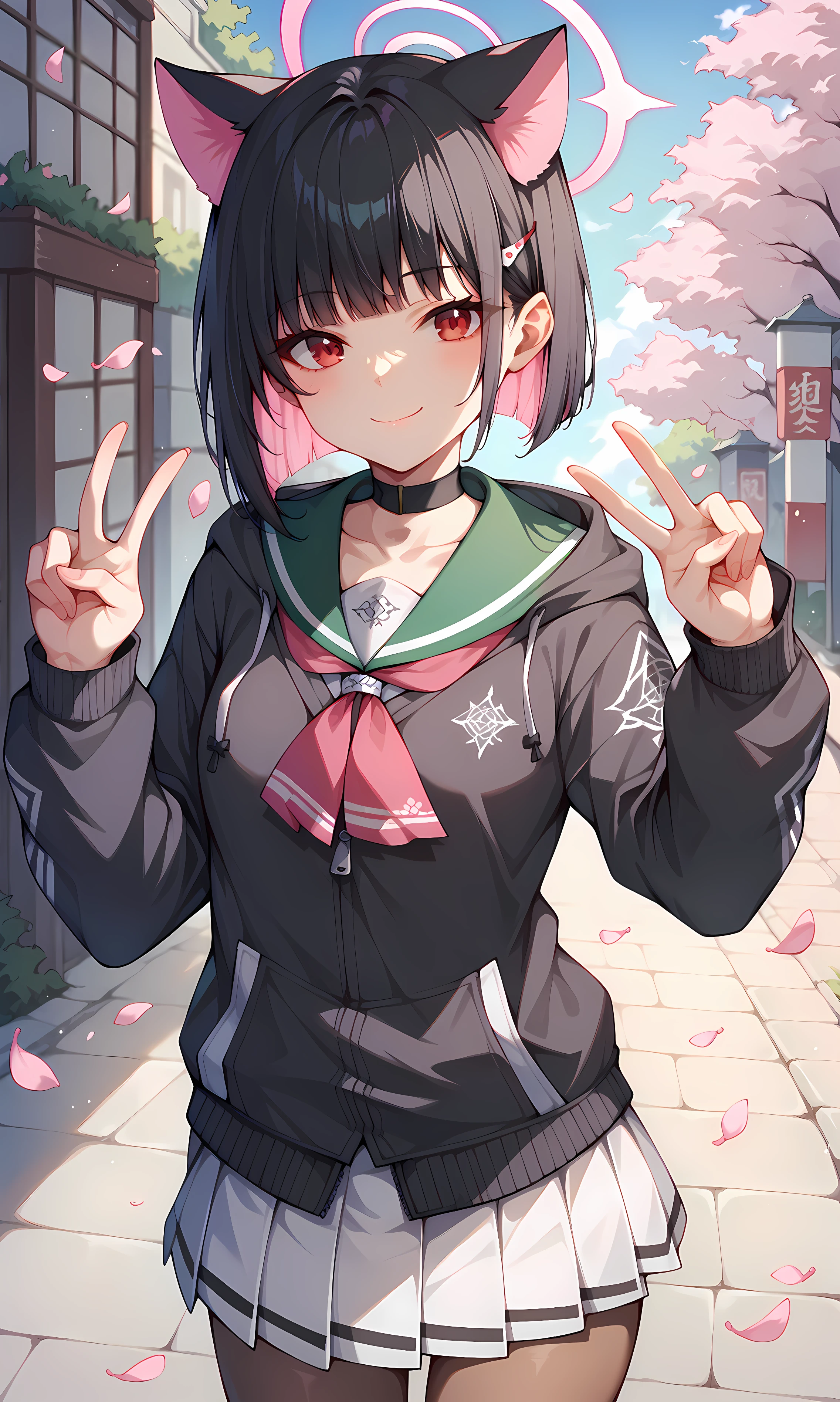 score_9, score_8_up, score_7_up, score_6_up, BREAK source_anime, 1girl, solo, outdoors, street, cherry blossoms, cowboy shot, standing, looking at viewer, kazusa, red eyes, black hair, colored-inner hair, short hair, blunt bangs, hair clip, cat ears, choker, halo, black hoodie, long sleeves, green sailor collar, pink neckerchief, white skirt, pleated skirt, miniskirt, brown pantyhose, sneakers, close-up, double v, smile, closed mouth