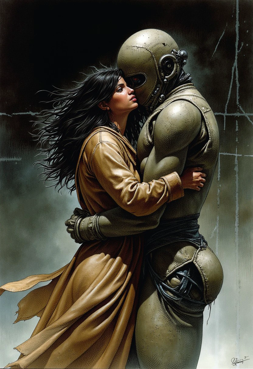 an illustration of a woman embracing a robot, illustration by Serpieri, both characters are wearing cloth cloaks, the woman has windblown black hair, dark background, misty concrete walls with cross hatching producing an ominous mood