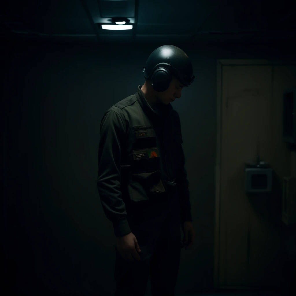 damaged, pilot suit, naked cloak, rifle, toilet, ceiling light, dark background, profile, black shirt, blurry, japanese clothes, pilot