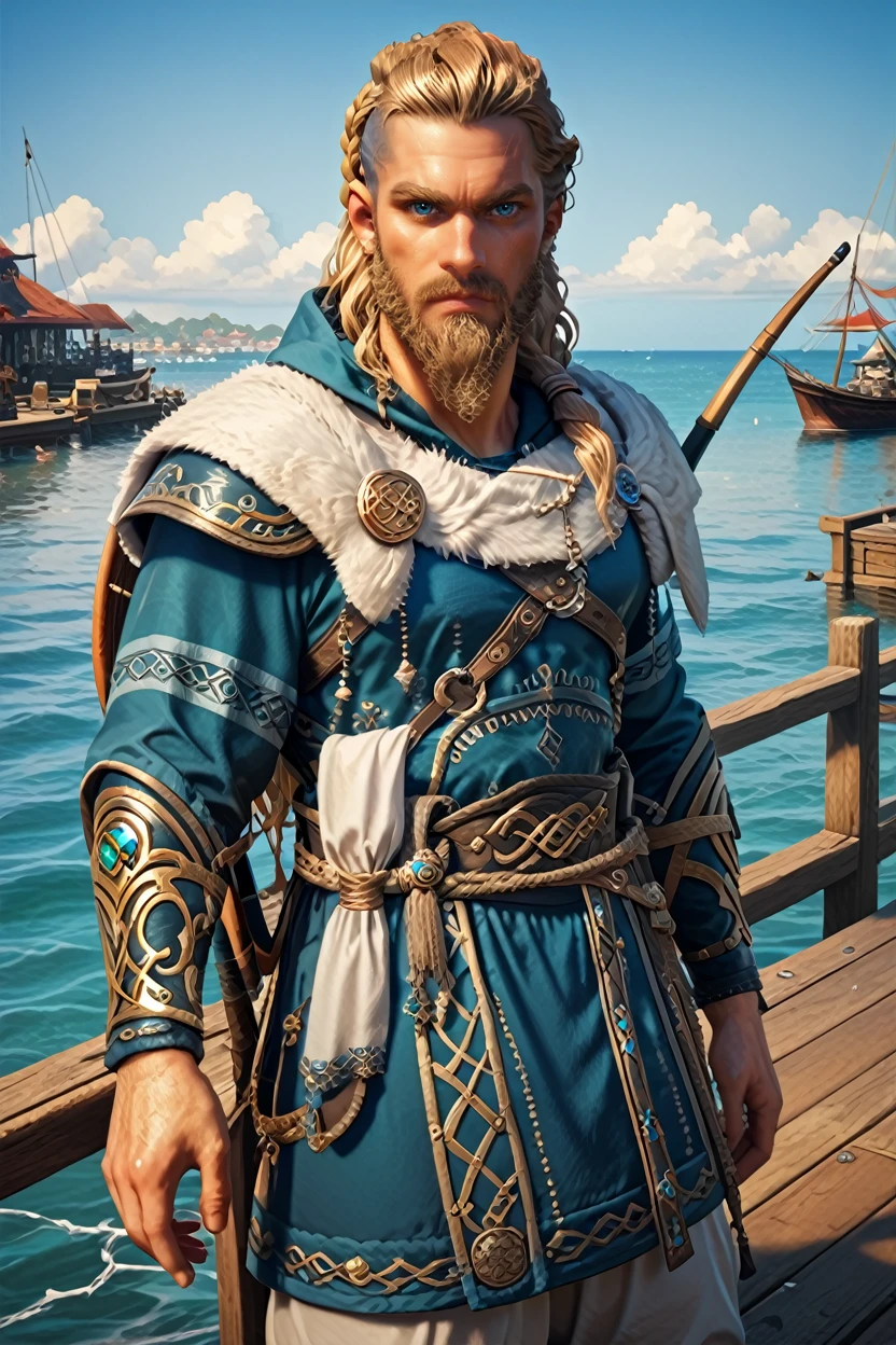 score_9, score_8_up, score_7_up, score_6_up
<lora:ACMEivor:1.0>
ACMEivor, 1boy, blonde hair, long hair, blue eyes, beard, looking at viewer, male model with a fishing net over his shoulder, standing on the pier, sun setting, calm sea, strong and determined expression