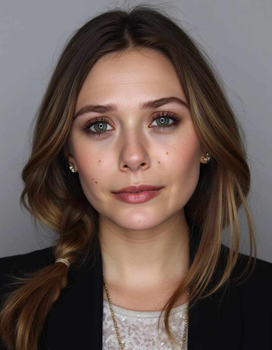 High quality passport photo of a woman wearing a suit and tie looking directly at the camera with her mouth closed and a neutral expression. She is also wearing a delicate gold chain and some understated diamond earrings.   <lora:Elizabeth_Olsen_2012_FLUX_epoch_46:1>