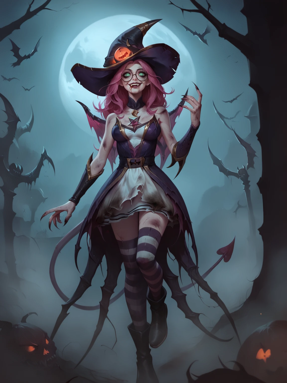 score_9, score_8_up, score_7_up, BREAK, Janna Bewitching, 1girl, solo, long pink hair, purple witch hat, green eyes, long ears,  glasses, black collar, moon neackle, purple witch dress, purple gauntlet, two collor knee socks, black boots, demonic, evil, sinister, horror, dirty, filthy, Concept Art Twilight, old ritual room, blood everywhere, blood on face, dead body insde pentagram, maniac look, crazy smile, <lora:JannaBW:1>   <lora:- SDXL - vanta-black_contrast_V3.0:1> <lora:Concept Art Twilight Style SDXL_LoRA_Pony Diffusion V6 XL:1>