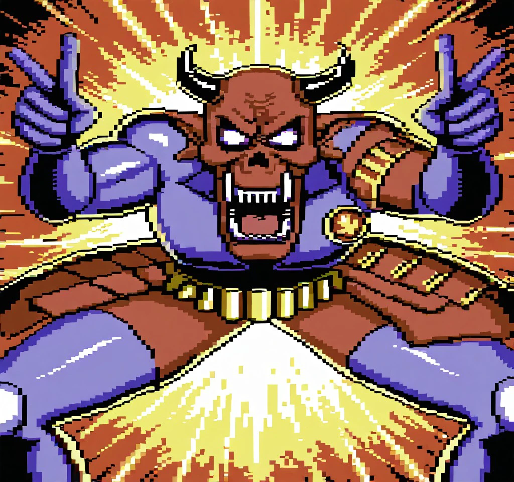 pixel style,demon zombie warrior massacre explosion finger guns, i've run out of ideas <lora:C64XLpony-000005:1.0>