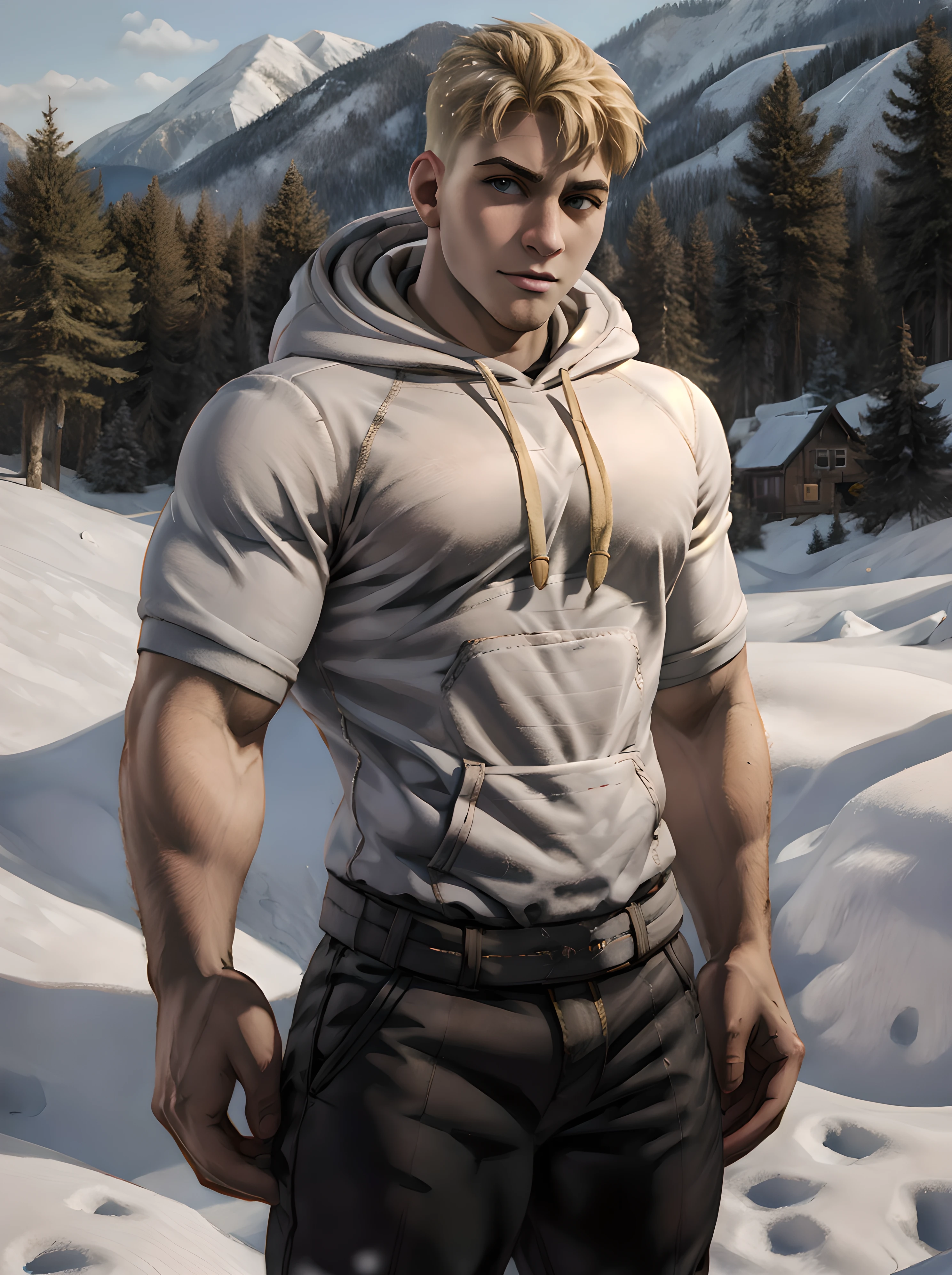 garron_paduk, looking at viewer, town, daytime, winter, snow, hoodie, long pants, short hair, blonde hair, muscular <lora:Garron_Paduk-15:0.85>