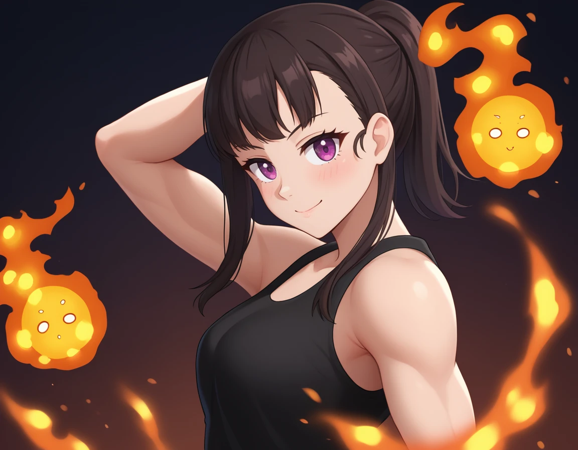 <lora:Maki Oze:1>, maki oze, 1girl, solo, side view, toned arms, black sleeveless shirt, one arm behind head,  looking at viewer, smile, closed mouth, blush, dark background, floating fire balls <lora:add-detail-xl:1>