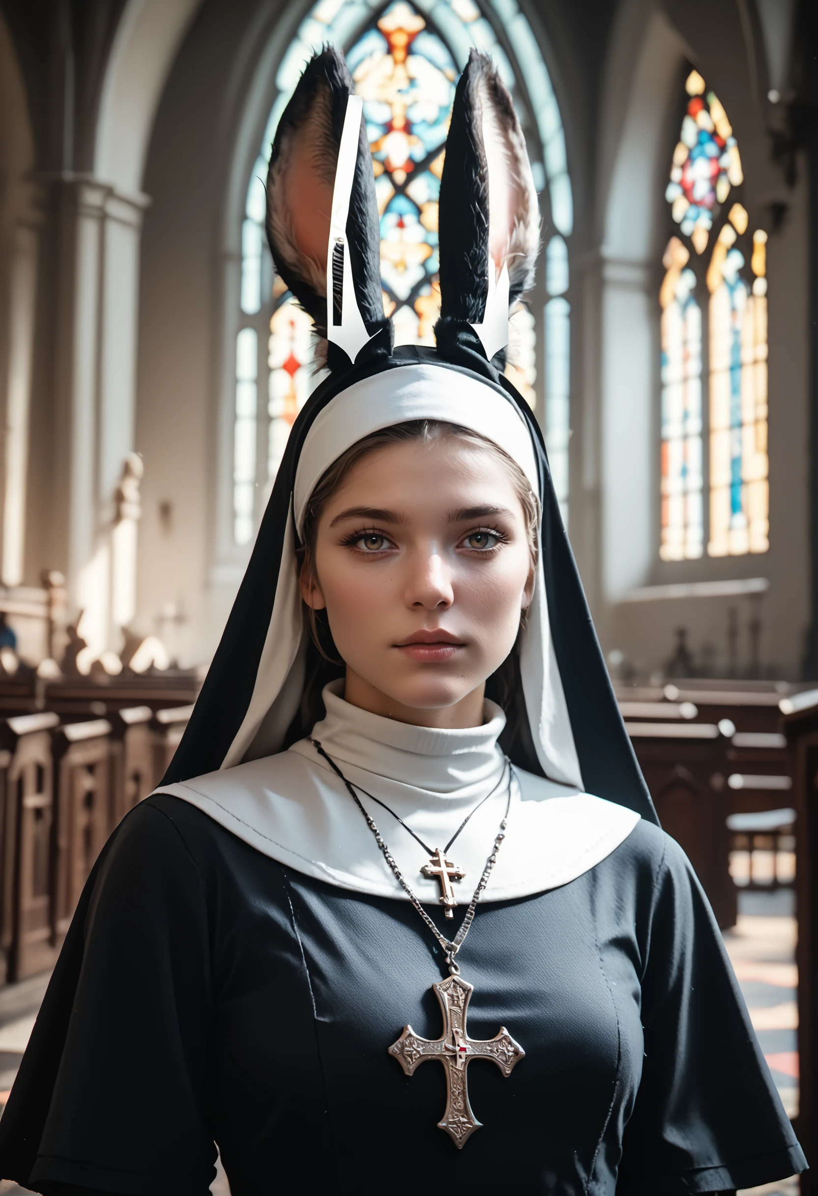 anglican church with a naughty bunny nun, viera, rabbit ears, cinematic NSFW scene Score_PnyReal