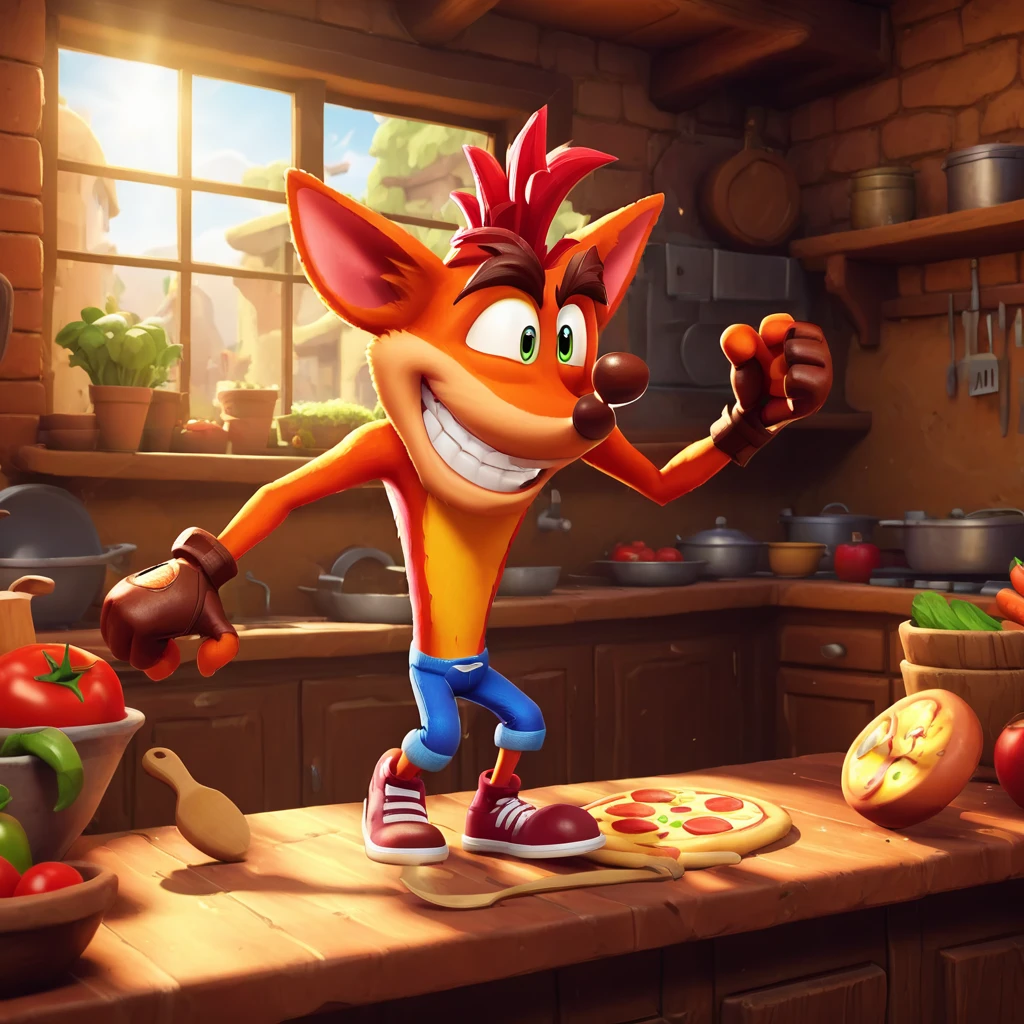 Crash Bandicoot making pizza, wearing a red apron and chef's hat, with a playful grin and determined eyes, in a cozy rustic kitchen with wooden cabinets and brick walls, stacks of fresh ingredients around, bright midday sunlight streaming through a window, a mix of excitement and focus in the air, detailed cartoon style, vibrant colors, high-resolution, soft shadows, and crisp textures.