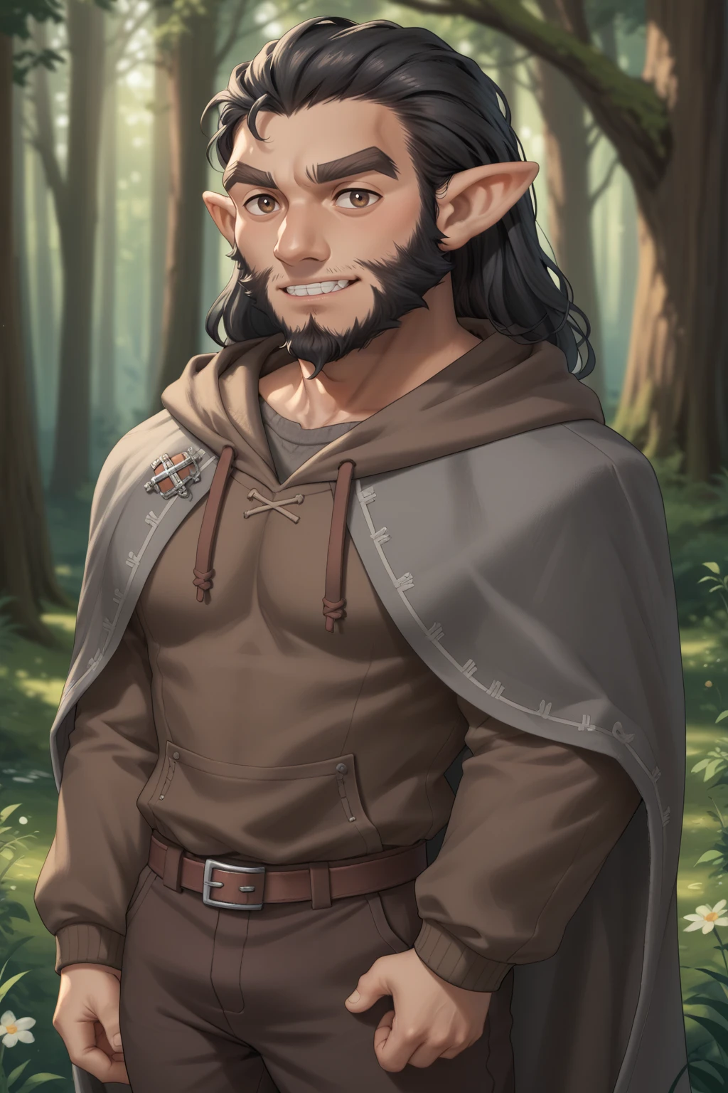 score_9, score_8_up, 1boy, solo <lora:NSAaditPortia:0.8> NSAaditPortia, male focus, long hair, black hair, facial hair, brown eyes, thick eyebrows, chibi, grinning teeth, pointy ears, forest, trees, brown hoodie, brown pants, medieval, gray cloak, long beard