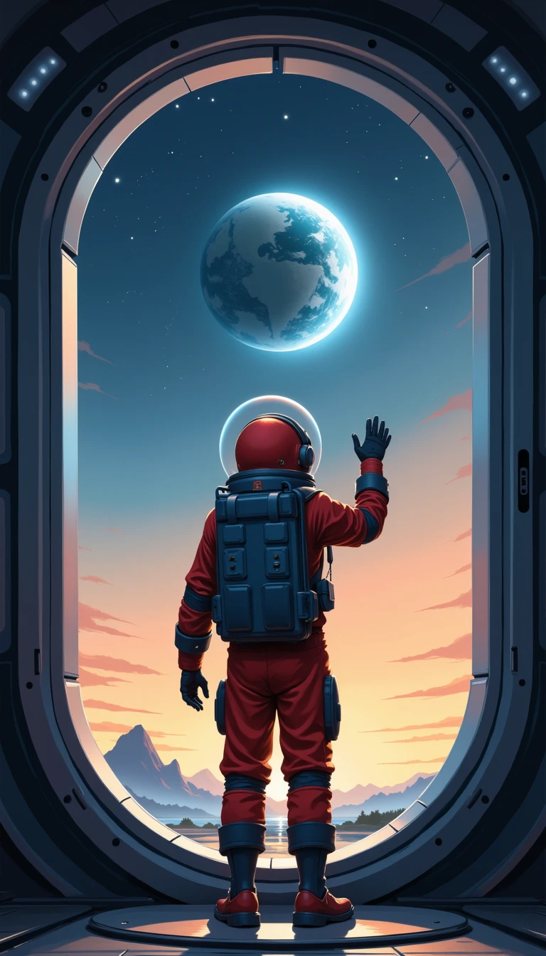 Digital painting of a solitary astronaut, standing near a space pod, looking at Earth from a distant planet, sad expression, red and blue suit, waving goodbye, radio antenna, hatch open, twilight colors, orange and blue sky, stars in the background, lonely and emotional, space exploration, digital art, concept art, artstation, sci-fi, dramatic lighting, illustration, detailed, sharp focus, wallpaper, promo art, splash art